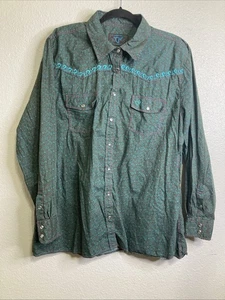 Cowgirl Hardware XXL Western Shirt Jewel Snap Teal Brown Paisley Embroidered - Picture 1 of 3