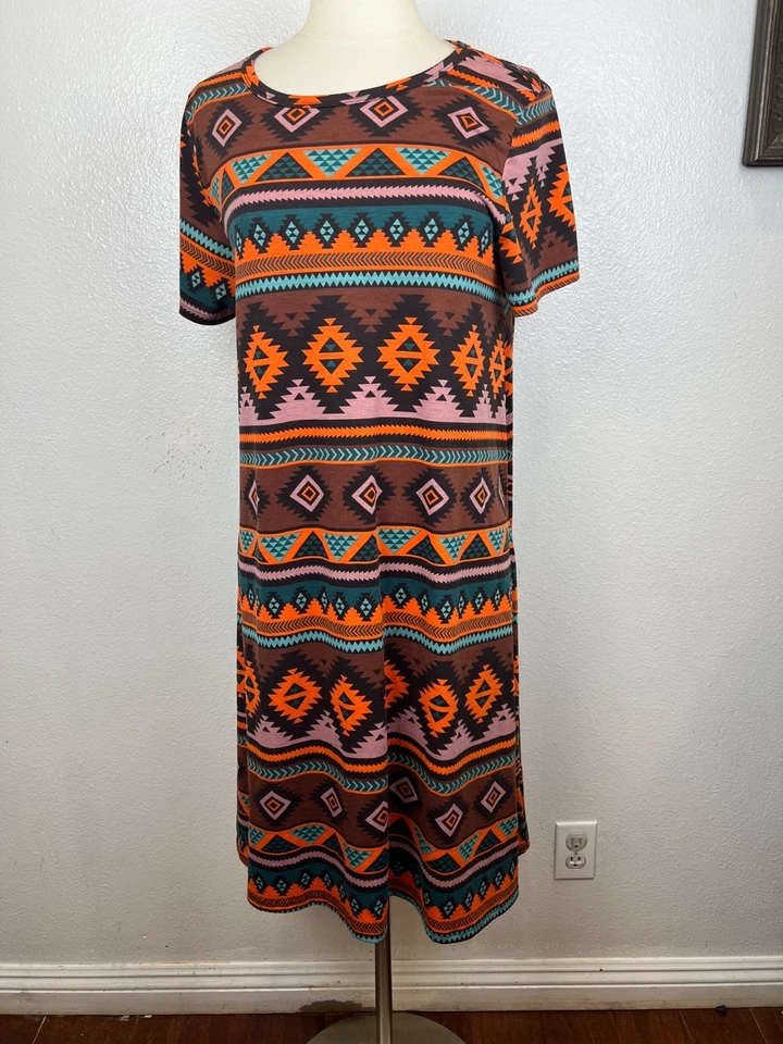Платье LuLaRoe Carly оранжевое бирюзовое/коричневое с племенным принтом с высоким подолом размер XL - Изображение 1 из 4