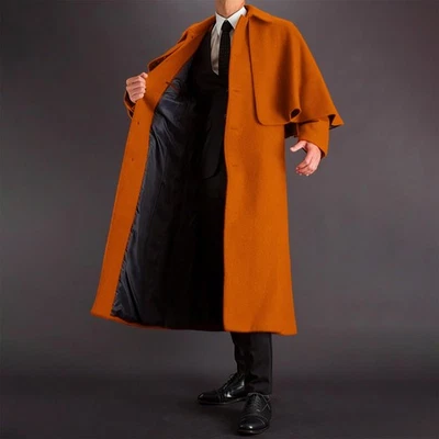 Men Overcoats with Capes Wool Blend Long Coats Single Breasted Peak Lapel Jacket - Image 1 of 4