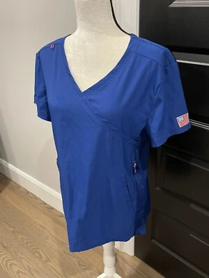 Koi Lite Dobby Womens Scrub Top Blue Slim Fit Stretch LARGE Flag Sleeve 🇺🇸 - Image 1 of 4