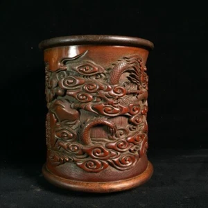 Chinese Natural bamboo Hand carved 降龙伏虎 arhat statue Exquisite brush pot - Picture 1 of 9