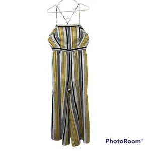 Mystree Yellow Striped Overall Crisscross Open Back Romper Jumpsuit Sz Medium - Picture 1 of 12