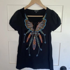 August Silk Options Medium Black Cap Sleeve Ribbon Embroidered Top 100% Cotton - Picture 1 of 6