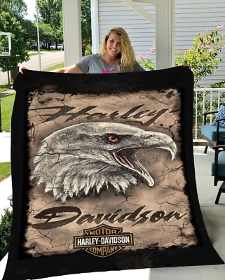 Harley Davidson Rugged Eagle Blanket Gift for Bikers Velveteen Plush Fleece Blan - Image 1 of 4