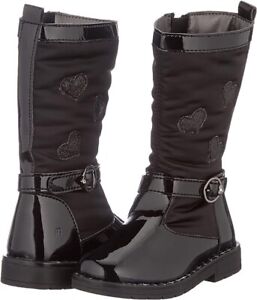 Primigi Kid Girl's Knee-High Black Patent & Textile w/Hearts Fashion Boots, Sz 6