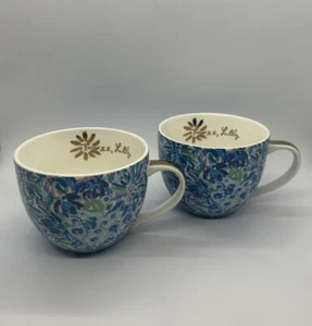 Lilly Pulitzer Hidden Cat Floral Set of 2 Coffee Mug Tea Cups Blue Purple Gold - Picture 1 of 8