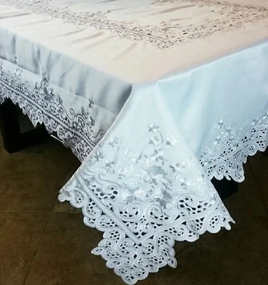 54x72" Embroidery Cutwork Embroidered Tablecloth Napkin White/Beige Elegantlinen - Image 1 of 4