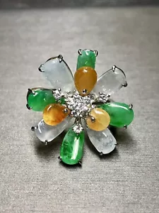 Estate 18K White Gold Crystal Green Amber Jade Diamond Star Cocktail Ring Sz 6.5 - Picture 1 of 8