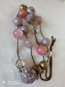 ACCESSORIZE Bronze Metal Long Mismatch Beaded Necklace- Pink/Purple Statement - Picture 1 of 6