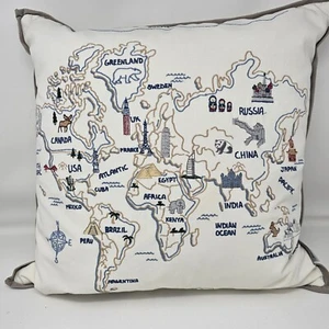 Storehouse Embroidered World Map Pillow Feather Down Pillow 18x18" Zipper Close - Picture 1 of 20