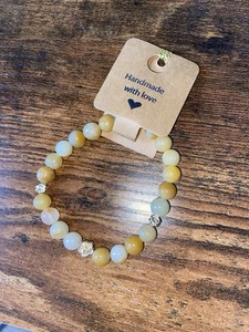 Agate Crystal 18K Gold Plated Spacer Gemini Handmade Round Bead Stretch Bracelet - Picture 1 of 4