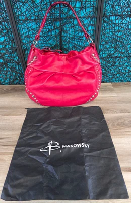 Bolso de Hombro Hobo B Makowsky Rojo Cuero Tachonado Plateado Herrajes BOHO CHIC Foto 1 de 4