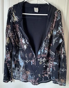 Jess & Jane Women's L Full Zip Hoodie Sweatshirt Black Aztec Grunge Graphic Gems - Picture 1 of 7