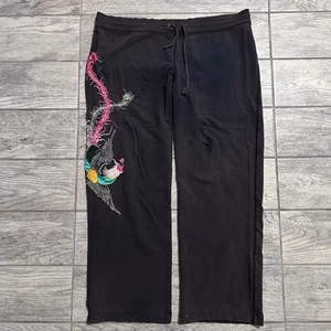 Lucky Brand Black Embroidered Asian Design Floral Bird Sweatpants Size XL Faded - Picture 1 of 10