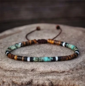 African Turquoise & Tiger Eye Beads Gemstone Healing Dainty Women Men Bracelet - Picture 1 of 1