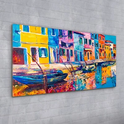 Acrylglasbild Wandbild Plexiglas 100x50 kunst Stadtgebäude Wasser boote Dorf - Bild 1 von 4