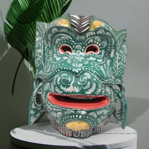 Máscara de madera balinesa verde mono barong tallada a mano Indonesia colgante de pared 8 pulgadas - Imagen 1 de 15