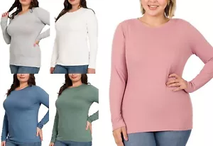 1X 2X 3X Women's Round Neck Long Sleeve Brushed Microfiber Top Fitted T-Shirt - Picture 1 of 50