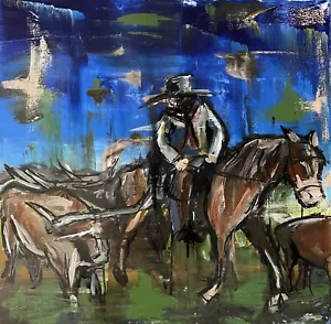 "Cattle Drive" 24 x 24 Acrylic Canvas Painting Abstract Blue Brown Horse and Cow - Picture 1 of 8