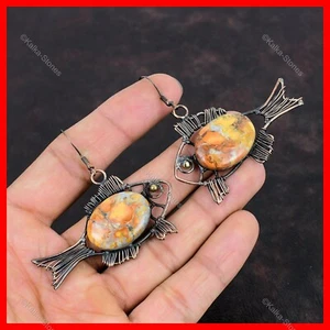 Oval Maligano Jasper Gemstone Copper Drop Dangle Wire Wrapped Fish Wife Earrings - Picture 1 of 6