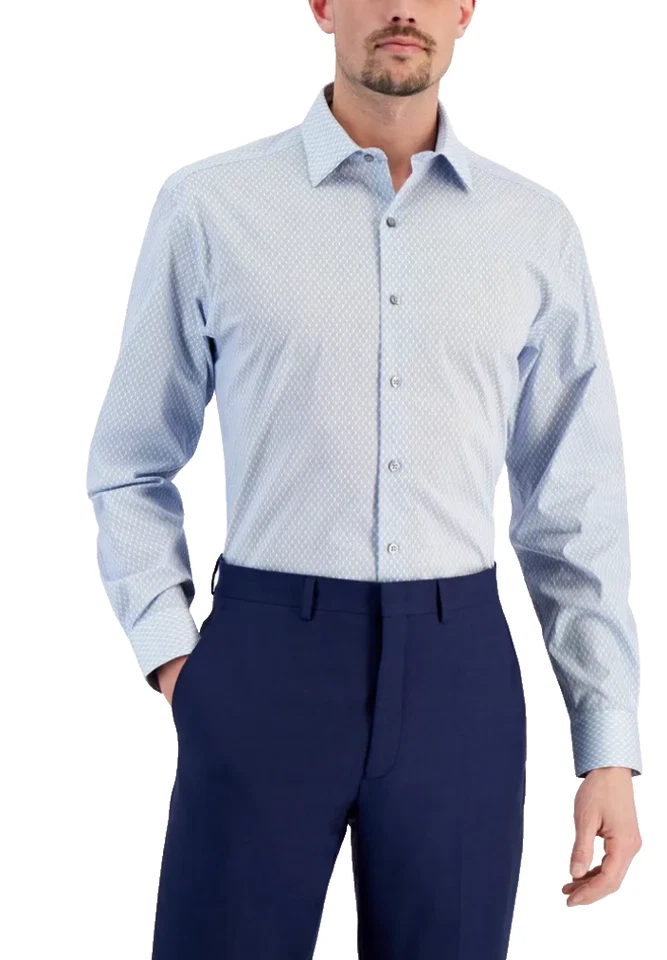 Alfani Men Regular fit Dress Shirt Size S 14 /33 Blue Geometric