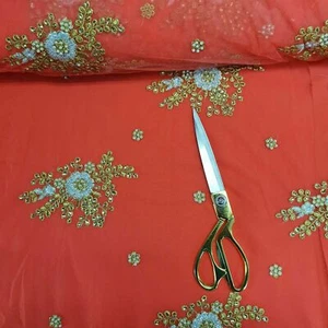 Malla Oro Zari Material Bordado Artesanal Vestido Tela Artesanal 44" por Metro - Imagen 1 de 4