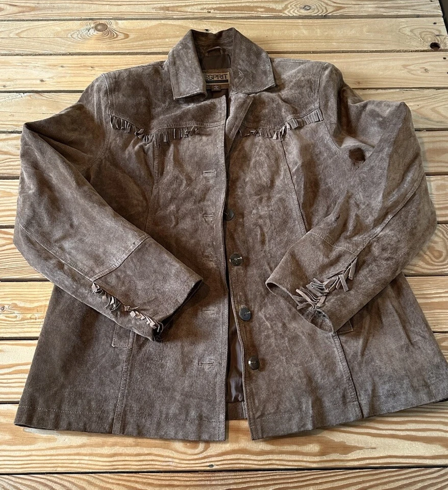 Esprit 女式复古皮革条纹细节夹克 L 码棕色 Sf19 — 第 1/4 张图片