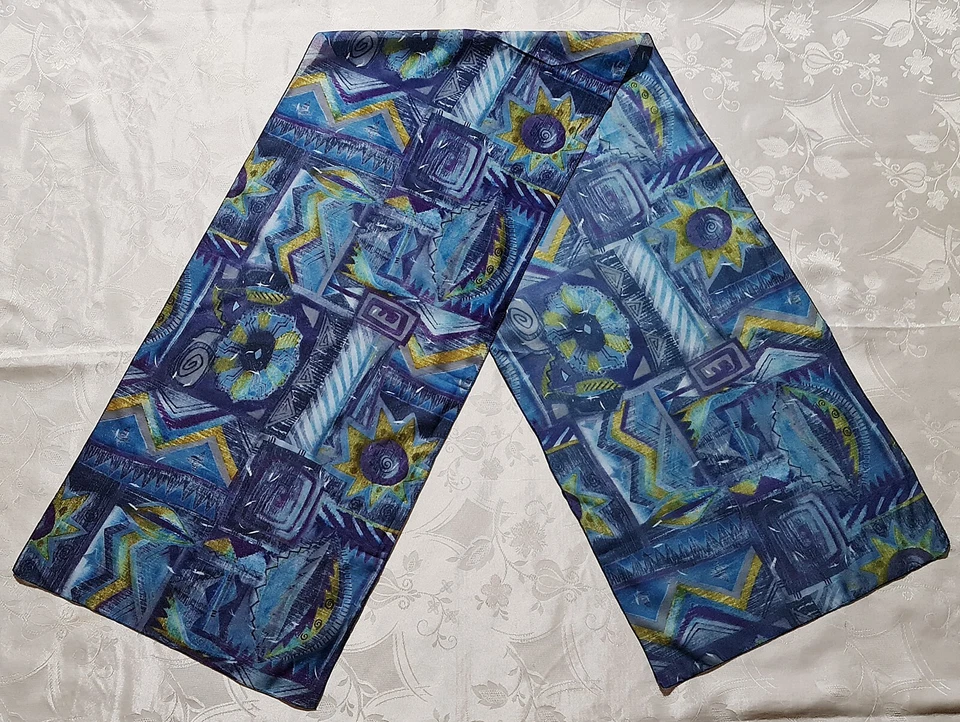 BUFANDA CABALLERO VINTAGE AUTÉNTICO ARTE AZTECA ABSTRACTO AZUL PÚRPURA LARGA PARA HOMBRE Foto 1 de 3
