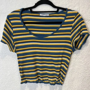 Zara Womens Trafaluc Crop Top Shirt L Scoop Neck Ribbed Striped Short Sleeve Y2K - Picture 1 of 18