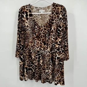 Susan Graver Womens Tunic Top Size 1X Leopard Animal Print Tiered Boho Glam - Picture 1 of 7