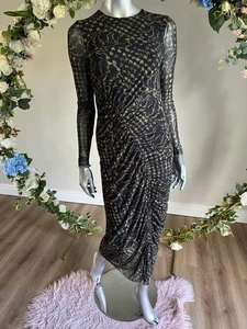 TED BAKER Midi Dress Womens TB2 UK 10 Black Floral Check Mesh Ruched Bodycon NEW - Picture 1 of 22