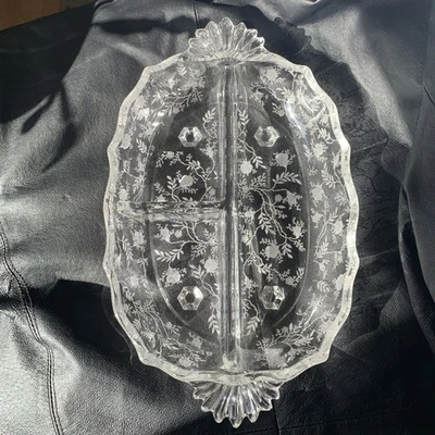 Vintage Fostoria Crystal Baroque CHINTZ Etch 3  Divided Relish Dish w Handles - Image 1 of 4