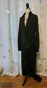 Naked Wardrobe Neu Kleid Maxi Langarm Schwarz Kragen Wickel Drapiert Crossover Kleid - Bild 1 von 8