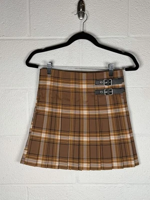 Minifalda a Cuadros No Boundaries Marrón Mostaza Cuadros Plisada Hebilla Correa Y2K Preparación Foto 1 de 4