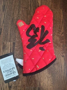Guante para horno Taylor & Ng gráfico caligrafía 1985 rojo negro dorado vintage NUEVO - Imagen 1 de 7