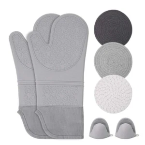 Oven Mitts and Pot Holders Sets Silicone Heat Resistant Flexible Oven Gloves 15" - Picture 1 of 6