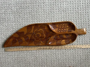 Vintage MCM Carved Large Leaf Charcutterie Board Snack Bowl Tropical Tiki Vibes - Picture 1 of 2