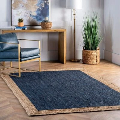 Square Rug Blue Dye Rug Farmhouse Area Rug Hand Woven Rustic Look Natural Jute - Image 1 of 4