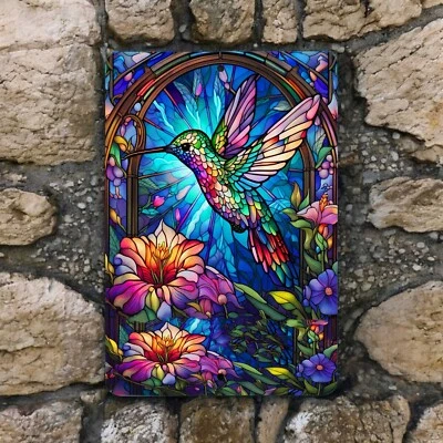 Letrero de pared de metal colibrí - Colorido decoración floral de jardín, arte colgante 8x12 Foto 1 de 3