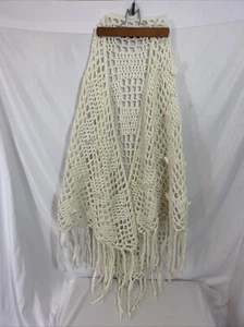 Vintage Shawl Hand crocheted Ivory Fringe Flowers Hippie Boho Flowy Fairy - Picture 1 of 5