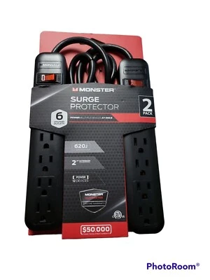 Monster 6-Outlet Surge Protector Extension Lead Ground 2-FT Cord 2PK - Brand New - Image 1 of 2