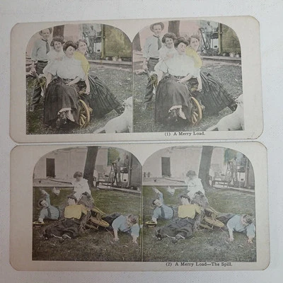 Vintage Stereoview Pair Of Silly Photos A MERRY LOAD & THE SPILL - Image 1 of 4