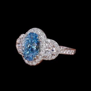 950 Platinum IGI Certified Lab Grown Diamond Ring 3.70 CT Fancy Vivid Blue Oval - Picture 1 of 16