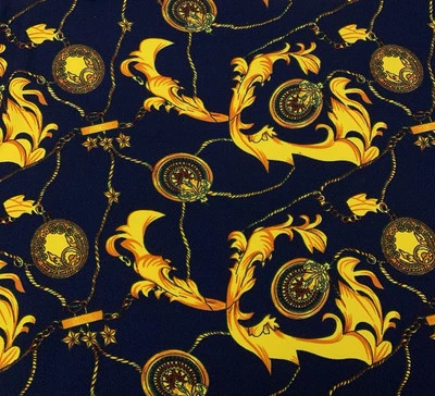 Knit Stretch Fabric Liverpool Baroque Rococo Luxury Gold Chain Medallion 1.9 Yd - Image 1 of 4