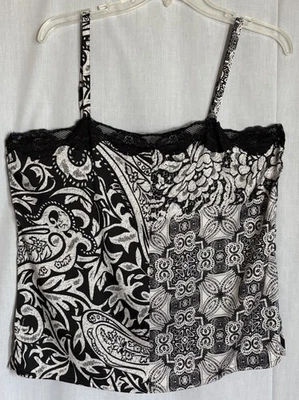 Chicos Size 2 Black White 100% Silk Tank Top Womens Floral Lace Femme Romantic - Изображение 1 из 4
