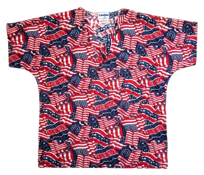 Landau Patriotic Scrub Top Red White and Blue American Flag Womens Size M faded - Image 1 of 4