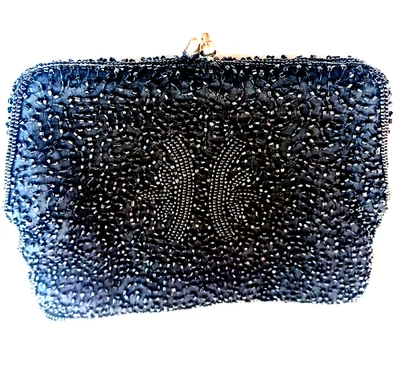 Cartera de Colección Años 50 Sharonee Hecha a Mano Semilla Cuentas Negro Bolso sin asas Forro de Seda Foto 1 de 4