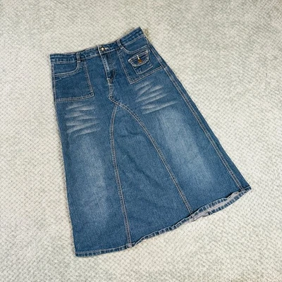 Vintage Y2K Low Rise Denim Patchwork Midi Skirt Funky Retro Cargo Wmns 12 - Image 1 of 4