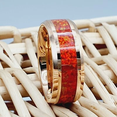 Alianza de boda de tungsteno de oro rosa para hombre y mujer anillo de promesa incrustación de ópalo de fuego rojo Foto 1 de 4