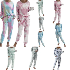 Tops + Pants Wear Womens Suit Tracksuit Loose Lounge Ladies Tie Dye Long Sleeve - Picture 1 of 15